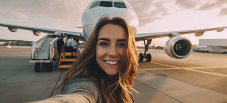 woman in the airport taking a selfie with an airplane behind.   Image generative AI.