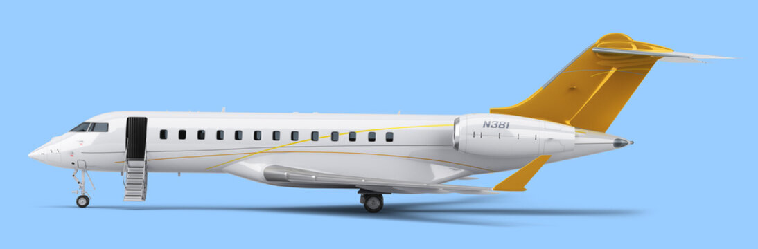 new passenger plane with open doors left side view travel concept 3d render on blue