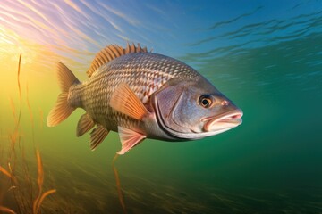 Fototapeta premium Striped Bass Swimming Below the Water Surface Closeup 