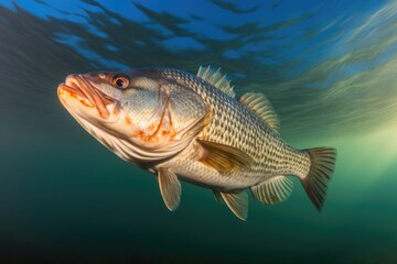 Fototapeta premium Striped Bass Swimming Below the Water Surface Closeup 