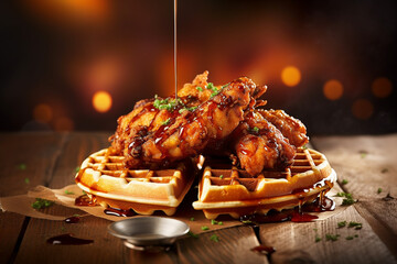 Delicious Chicken and Waffles on Wooden Table Created with Generative AI Tools