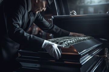 A old man in a black suit and white gloves loads a coffin into a limousine funeral car. Generative AI