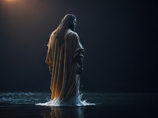 Image of Jesus Christ back view walks on the water. ai generative