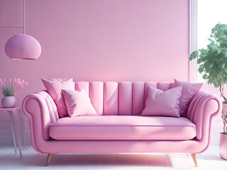 pink pastel colored couch in a pink living room. ai generative