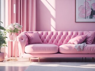 pink pastel colored couch in a pink living room. ai generative