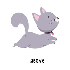 Little Grey Cat Above as English Language Preposition for Educational Activity Vector Illustration