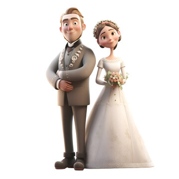 3D illustration of a bride and groom on a white background.