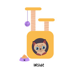 Little Brown Cat Inside Its House as English Language Preposition for Educational Activity Vector Illustration