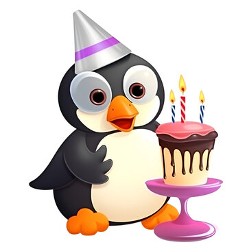 cartoon penguin with birthday cake on white background - illustration for children