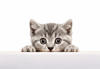Adorable British Shorthair Kitten Peeking Out from Behind White Table with Copy Space, Isolated on White Background. Generative AI.
