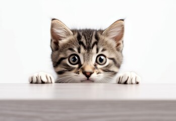 Adorable Domestic Medium Hair Kitten Peeking Out from Behind White Table with Copy Space, Isolated on White Background. Generative AI.