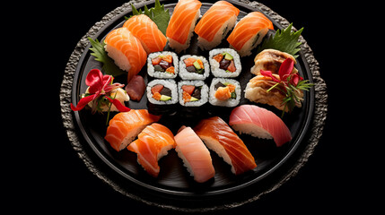 Beautiful Sushi Platter Flat Lay on Black Marble/Stone Background with Fresh Fish, Rice, and Seaweed - Studio Lighting Effect - Asian Cuisine Food Photography - Generative AI