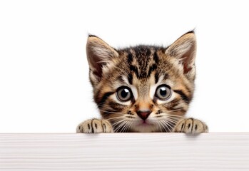 Adorable Minskin Kitten Peeking Out from Behind White Table with Copy Space, Isolated on White Background. Generative AI.