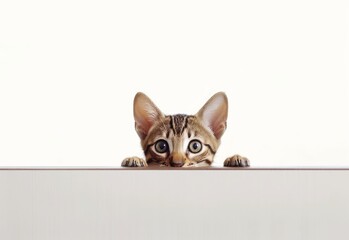 Adorable Ocicat Kitten Peeking Out from Behind White Table with Copy Space, Isolated on White Background. Generative AI.