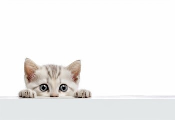 Adorable Oriental Kitten Peeking Out from Behind White Table with Copy Space, Isolated on White Background. Generative AI.