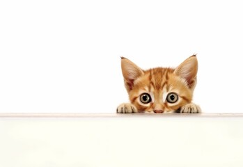 Adorable Oriental Kitten Peeking Out from Behind White Table with Copy Space, Isolated on White Background. Generative AI.