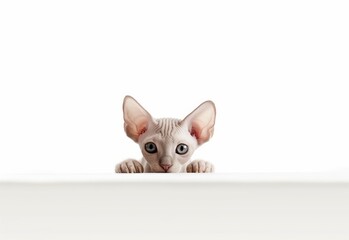 Obraz premium Adorable Sphynx Kitten Peeking Out from Behind White Table with Copy Space, Isolated on White Background. Generative AI.