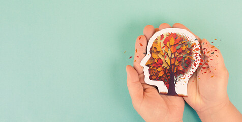 Alzheimer awareness day, dementia diagnosis, Parkinson´s disease, memory loss disorder, brain with autumn foliage, aging mind