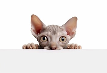 Adorable Sphynx-Bambino Kitten Peeking Out from Behind White Table with Copy Space, Isolated on White Background. Generative AI.