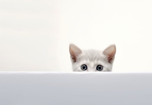 Adorable Thai Kitten Peeking Out from Behind White Table with Copy Space, Isolated on White Background. Generative AI.