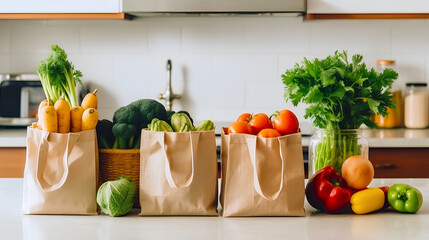 Full paper bags of food on the table in the white kitchen. Healthy and fresh eco-products for a balanced diet. Generative AI.