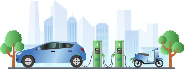 Electric scooter and car in charging station vector illustration,  Eco city transportation concept, transportation use green energy,  Ecology, electric vehicle and electric motorbike © lala Firdaa