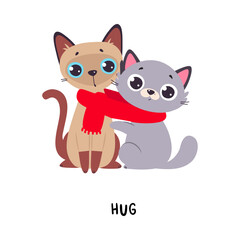 Funny Cat Hug Tied with Red Scarf as English Verb for Educational Activity Vector Illustration