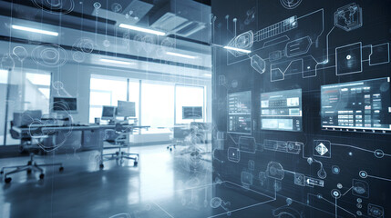 Obraz premium Laboratory interior, human body research, 3D illustration. Neurosurgery Clinic. Visualization of the interior of a modern hospital. A place to examine the patient. Generative AI.