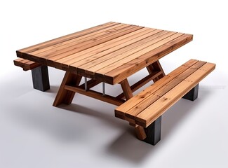 Wooden picnic table and benches isolated on white background created with Generative AI technology
