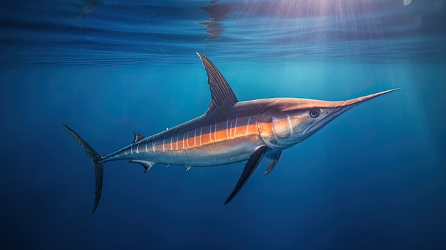 Swordfish Swimming in the Deep Blue Ocean