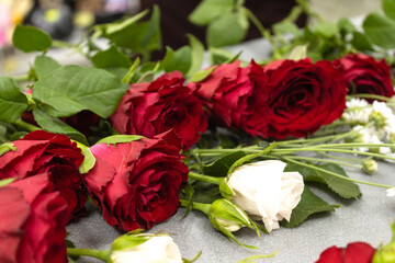 Floristry. Flowers. Multicolored bouquet of roses, soft focus.
