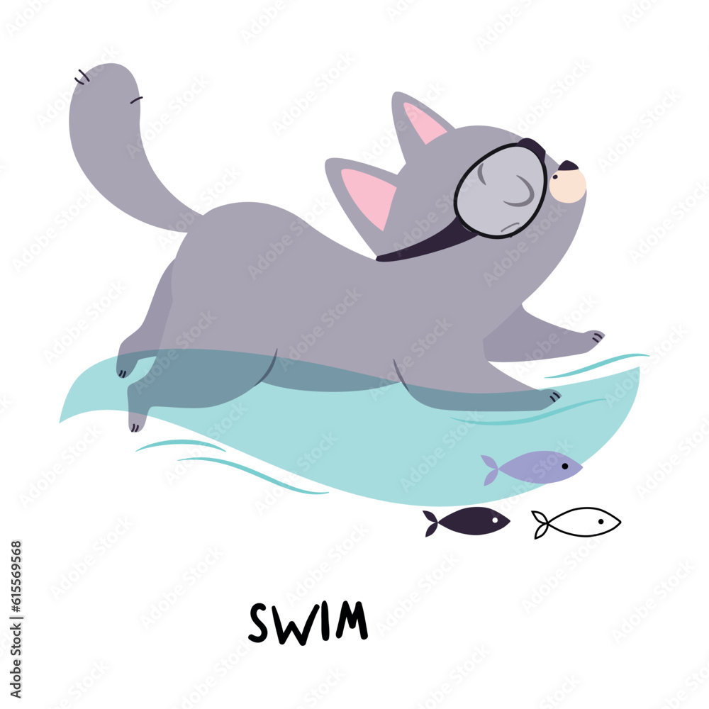 Poster Funny Grey Cat Swim in Water as English Verb for Educational Activity Vector Illustration