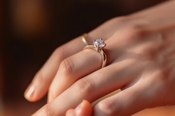 Close up of an elegant engagement diamond ring on woman finger. love and wedding concept. Diamond ring on young lady's hand on dark background. High quality photo - obrazy, fototapety, plakaty