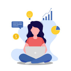 Woman with long hair earning money using a laptop. Business concept. Vector illustration in a flat style.