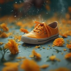 a shoe surrounded by flowers on the floor, environmental protection, the problem of plant extermination