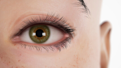 eye close up of Young beautiful caucasian woman, macro human iris, natural beauty, 3D render