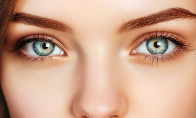 Obraz premium Young beautiful woman with blue eyes, closeup detail to her face, both iris visible. Generative AI