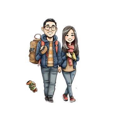 Young couple walking in the city. Hand drawn illustration. Vector.