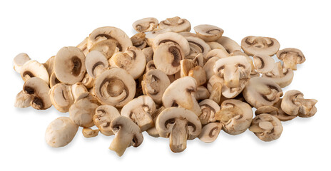 Cultivated white champignon mushrooms, sliced button mushrooms (Agaricus bisporus) isolated