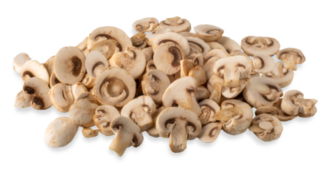 Cultivated white champignon mushrooms, sliced button mushrooms (Agaricus bisporus) isolated