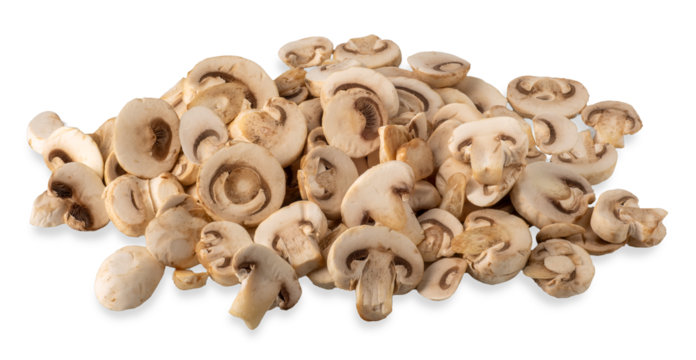 Cultivated white champignon mushrooms, sliced button mushrooms (Agaricus bisporus) isolated