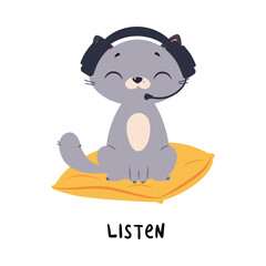 Funny Grey Cat Listen Sitting in Headphones as English Verb for Educational Activity Vector Illustration