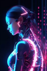 Fototapeta na wymiar Illustration of a cyborg woman and Ai technology background , AI Generated