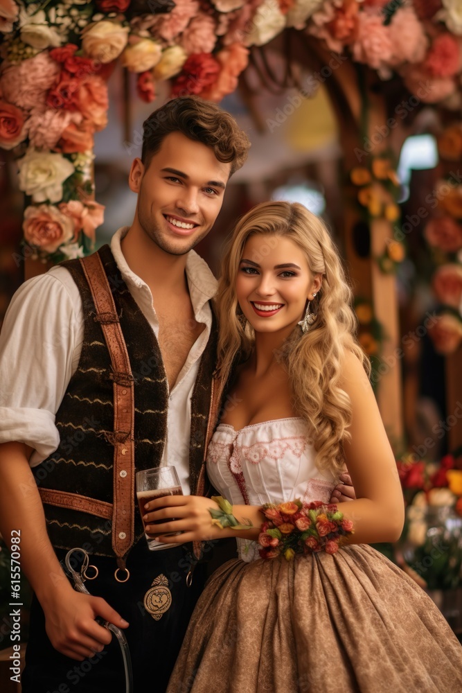 Wall mural Capturing the Oktoberfest Atmosphere: Couple in Traditional Dirndl Attire Soaking in the Festivities, Generative AI