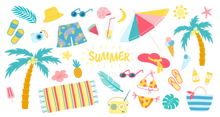 Fototapeta na wymiar Summer beach set. Sea and ocean recreation attributes, parasol, sunglasses, slippers and swimsuits. Vector summer vacations set