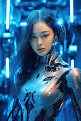 Obraz na płótnie Canvas Illustration of a cyborg woman and Ai technology background , AI Generated
