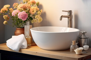 Fototapeta na wymiar Vanity unit with brushed steel mixer tap, soap, flowers and towel