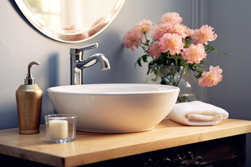 Round washbasin on a wooden bathroom cabinet with mirror, flowers, soap and towel