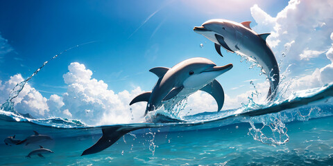 Dolphins jump over the waves. Marine animals in their natural habitat.