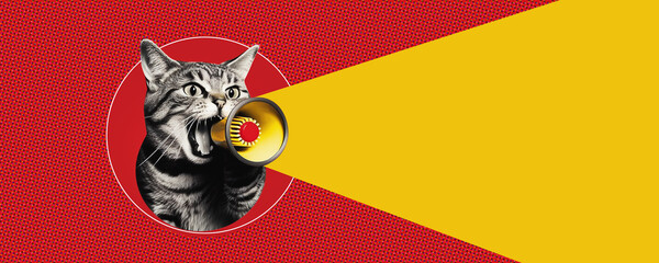 Art collage. A crazy cat with a megaphone. Promotion, action, ad, job questions, discussion. Vacancy. Business concept, communication, generative ai. information, news, boss, team media relations. - obrazy, fototapety, plakaty
